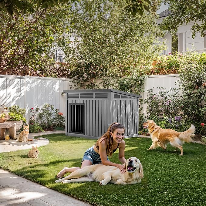 ROJIK Large Dog House Outdoor Indoor Weatherproof with Removable Roof Raised Base Plate,Pet House Weatherproof for Small to X-Large Dogs,Easy to Clean and Lightweight(42.87 * 32.95 * 31.61inch,Grey)