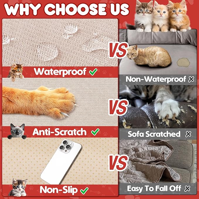 Loiion Cat Scratch Furniture Protector - Anti-Slip, Waterproof Sofa Cover to Keep Cats Off, Pet-Friendly Couch Protectors for 3 Cushion Couch, Anti-Scratch Couch Cover for Pets and Kids 118"X91"Khaki