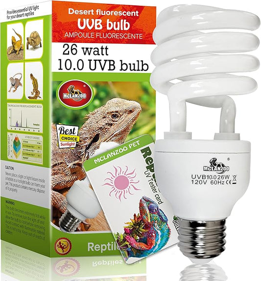UVA UVB Light Reptile Bulb 10.0 26W Desert Reptile UVB Light Bulb for Bearded Dragon, Lizard, Tortoise, Snake, Gecko,Compact Fluorescent Terrarium Lamp with UV Tester Card