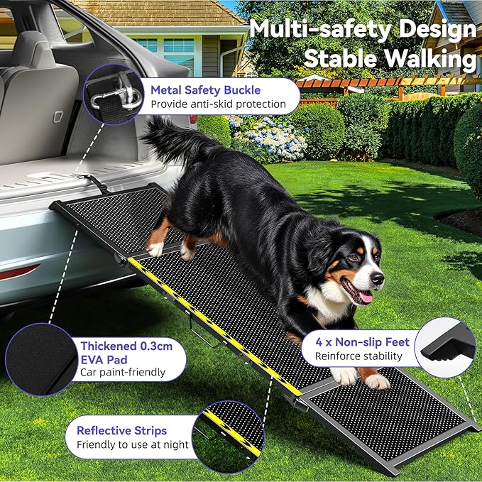 74'' L & 20'' W Longest Dog Ramp for Car - Extra Wide Portable Pet Dog Ramps for Large Dogs, Dogs Cars Ramp for Car SUV/Truck/RV/Bed, Lightweight Ramps with Non-Slip Mesh Up to 300LBS, Black