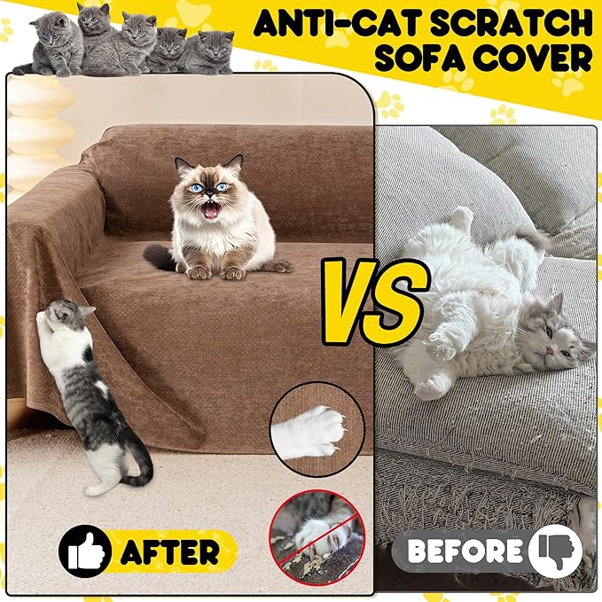 Cat Scratch Furniture Protector - Anti-Slip, Waterproof Sofa Cover to Keep Cats Off, Pet-Friendly Couch Protectors for 3 Cushion Couch, Brown Anti-Scratch Couch Cover for Pets and Kids 150"X71"