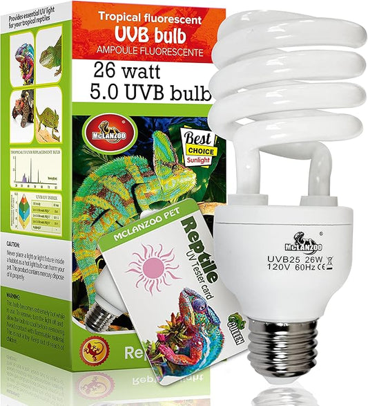 UVA UVB Reptile Light 5.0 Tropical 26W UVA UVB Bulb E26 Compact Fluorescent Terrarium Lamp with UV Tester Card