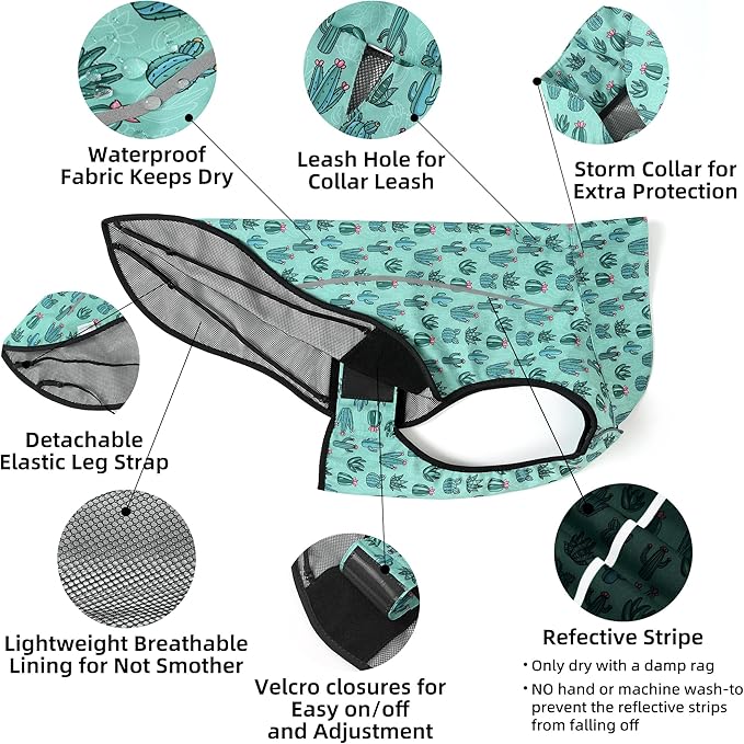 Mile High Life Dog Raincoat, Adjustable Waterproof Reflective Rain Jacket for Small Medium Large Dogs, Lightweight Breathable Pet Rain Coat with Leash Hole(Green Cactus,L Chest 32-40")