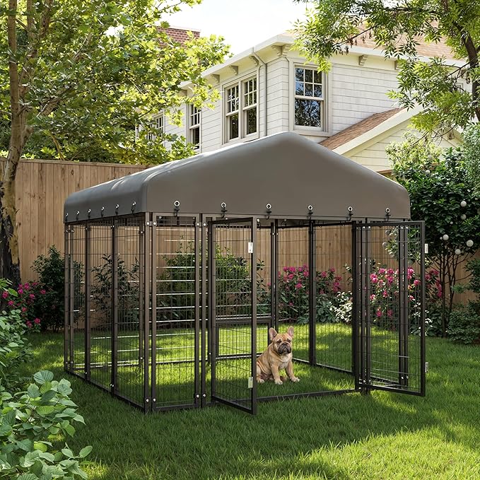 6 x 6 FT Large Outdoor Dog Kennel with Double Swing Doors, Heavy-Duty Dog Cage with Feeding Panel, Weatherproof Roof, Secure Fence Playpen for Large Dogs, Easy Assembly