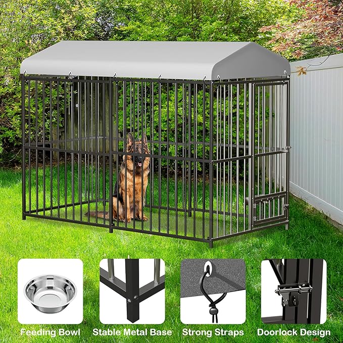 8x4x6 FT Outdoor Dog Kennel, Heavy-Duty Outdoor Enclosures with Lock, UV-Resistant Waterproof Roof Cover & Swivel Stainless Steel Feeding Bowl,for Medium & Large Dogs,Easy Assembly