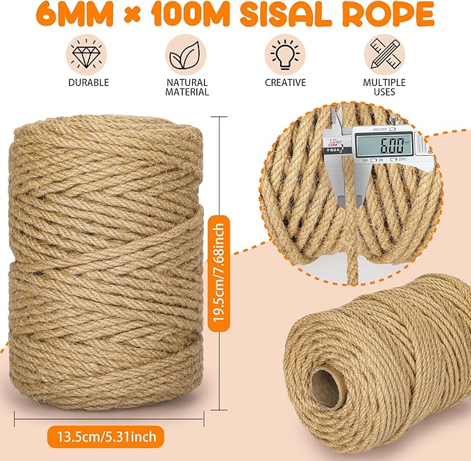 328FT/100M Cat Scratching Sisal Rope, 6mm Thick Natural Jute Rope for Scratch Posts, Cat Trees, DIY Projects, Sisal Rope for Scratcher with 2 Mouse Toys (Natural, 328ft)