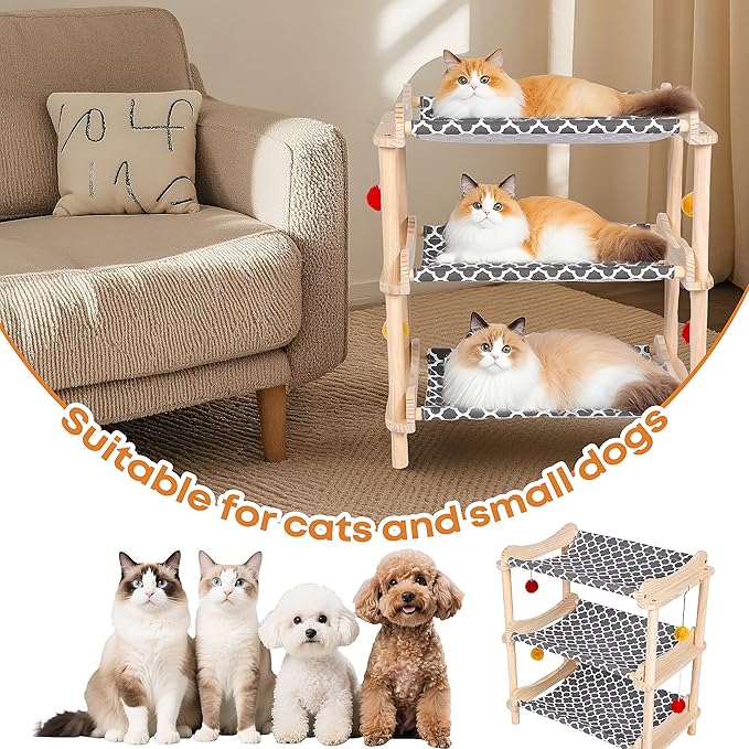 Large 3-Layer Cat Hammock Bed, 24"x15.7"x26.8" Elevated Cat Bed with Pine Wood Frame, Breathable Washable Covers, Wooden Pet Furniture for Indoor Cats and Small Animals(Grey, 3-Tier)