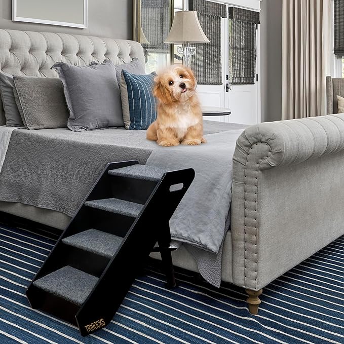 TRIROCKS Wood Pet Stairs Non-Slip Pet Steps - Foldable 4 Levels Dog Stairs & Ramp Perfect for Beds and Cars - Portable Dog/Cat Ladder Up to 130 Pounds