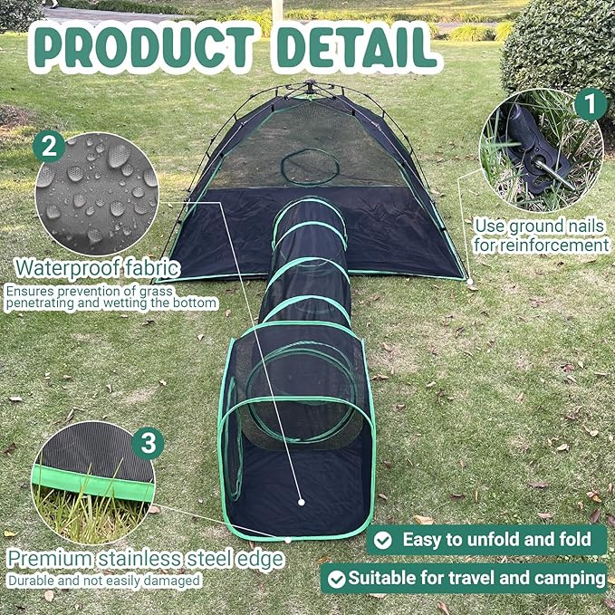 3-in-1 Outdoor Cat Enclosures, Portable Catio Green Cat Tents for Outside, Cat Tents with 1 Dome Tent,1 Straight Tunnel and 1 Cube, Outdoor Cat Playpen for Cats, Rabbits and Other Animals