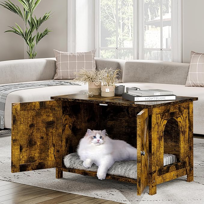 JY QAQA Cat Litter Box Enclosure,Litter Box Furniture Hidden with Barn Door,Wooden Cat Washroom Furniture,Cat House,Fit Most of Litter Box,Brown