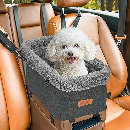 BurgeonNest Armrest Small Dog Car Seat - Portable Pet Booster Center Console Carseat Up to 11lbs, Safe Comfort Car Travel Puppy with Metal Frame, Pee Pad, Washable Fluffy Cushion and Interior, Grey