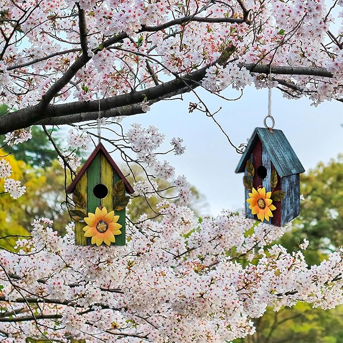 2X Wooden Bird Houses for Outside Garden Patio Decorative Bird Houses Bird Nest Box Spring Outdoor Hanging Bluebird House for Small Bird Finch Cardinal