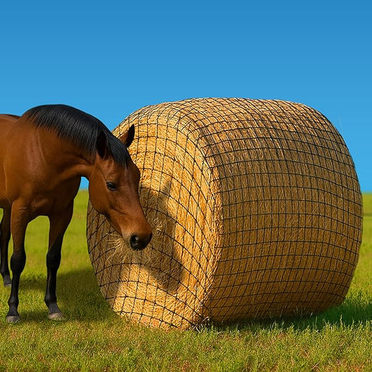 Round Bale Hay Net for Horses 5x5 ft, Knotless Slow Feed Hay Net Feeder with 2” Holes, Fits 4x5 and 5x5 Round Bales, Stackable 2 and 3-String Square Bales, Heavy Duty Livestock Hay Feeder Net