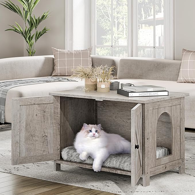 Vongrasig Cat Litter Box Enclosure,Litter Box Furniture Hidden with Barn Door,Wooden Cat Washroom Furniture,Cat House,End Table, Fit Most of Litter Box, Grey