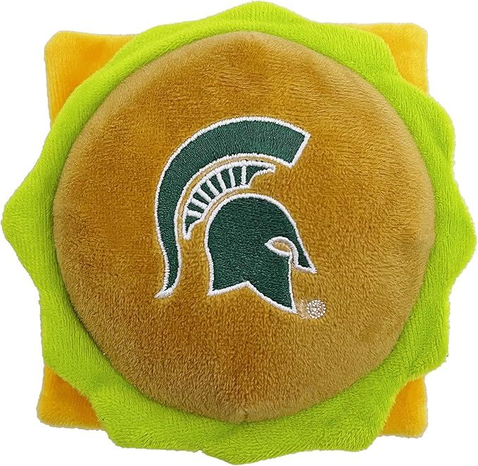 NCAA Michigan State Spartans Cheeseburger Plush Dog & CAT Squeak Toy- Cutest Stadium Hamburger Snack Plush Toy for Dogs & Cats with Inner Squeaker & Beautiful Football/Basketball Team Name/Logo