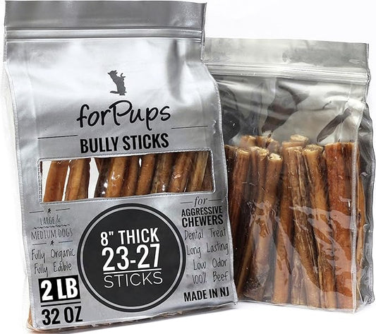 Thick 8" Bully Sticks (2 POUNDS) for Large & Medium Dogs, for Aggressive Chewers, Natural & Fully Organic, 100% Beef Pizzle Dog Chew, Fully Digestible Dental Treats (8 inch, 2 lb / 32 oz)