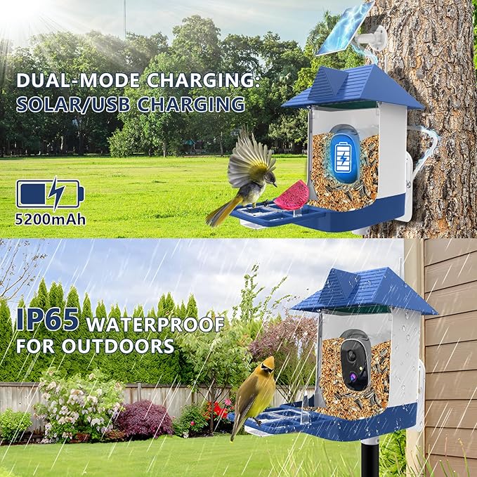 Swingers Smart Bird Feeder with Camera, Solar Powered Bird Feeders for Outdoors, Weatherproof Birds Camera Featuring Permanent AI to Identify 10,000+ Wild Birds Species & Clear Video (1.2L, Blue)