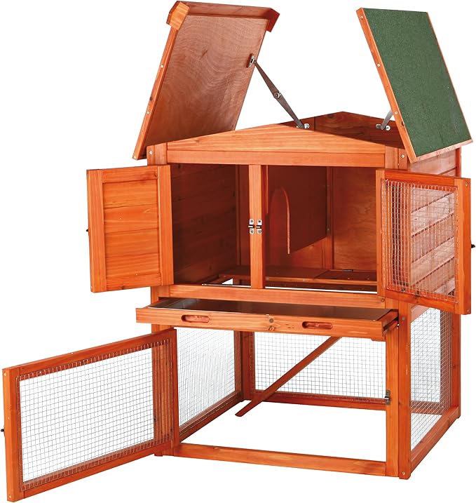 TRIXIE natura Outdoor Rabbit Hutch with Run - Small 2-Story Rabbit Cage with Non-Slip Ramp - Elevated Small Animal House with Secure Playpen, Hinged Roof & Pull-Out Tray - in Natural