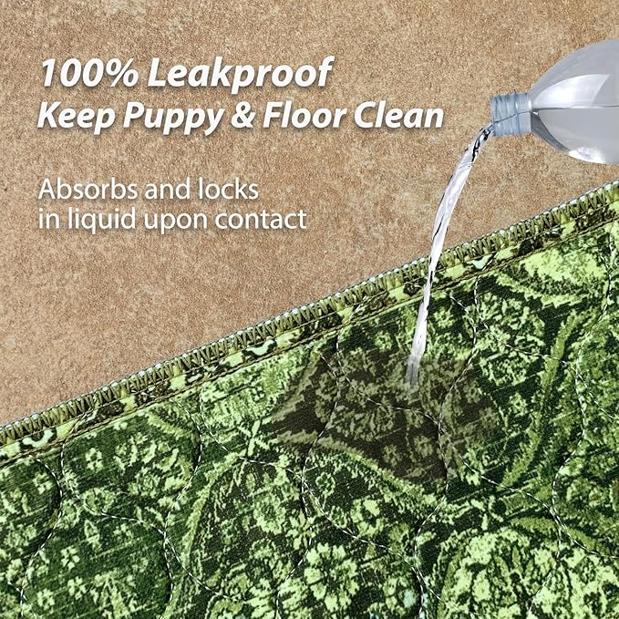 nunubaby Washable Pee Pads for Dogs, Stylish, Non-Slip and Leak-Proof Pee Pads. Reusable Potty Pads for Dogs for Crates and Floors.(Green/Multi, 48" x48")