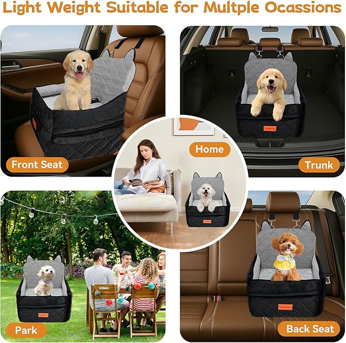 Dog Car Seat for Small/Medium Dogs Up to 35lbs,Elevated Cushion Fits in Front/Back Seat,Travel Safety Per Car Bed with Washable Removable Cover, Storage 2 Pockets Black-Grey