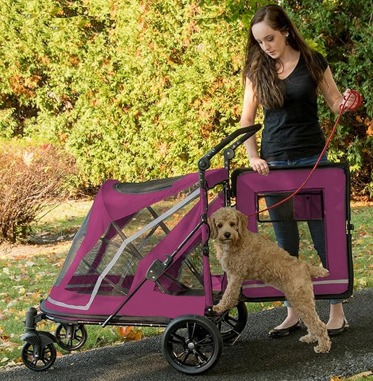 Pet Gear NO-Zip Pet Stroller with Dual Entry, Push Button Zipperless Entry for Single or Multiple Dogs/Cats, Pet Can Easily Walk in/Out, No Need to Lift Pet, Gel-Filled Tires, Red Plum