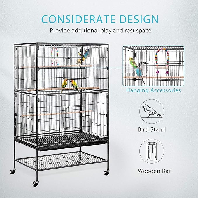 VIVOHOME 53 Inch Wrought Iron Large Bird Cage with Rolling Stand for Parrots Conures Lovebird Cockatiel Parakeets Black