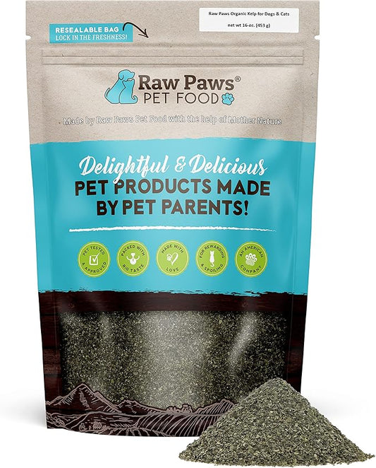 Raw Paws Organic Kelp Powder for Dogs & Cats (16-Ounce) - Supports Thyroid, Digestive & Immune Health - Dried Sea Kelp for Dogs - Seaweed Powder Supplement