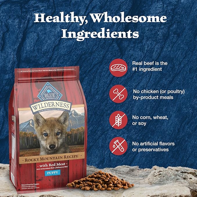 Blue Buffalo Wilderness High-Protein Rocky Mountain Recipe Dry Food for Puppies, Red Meat & Grains, 28-lb Bag