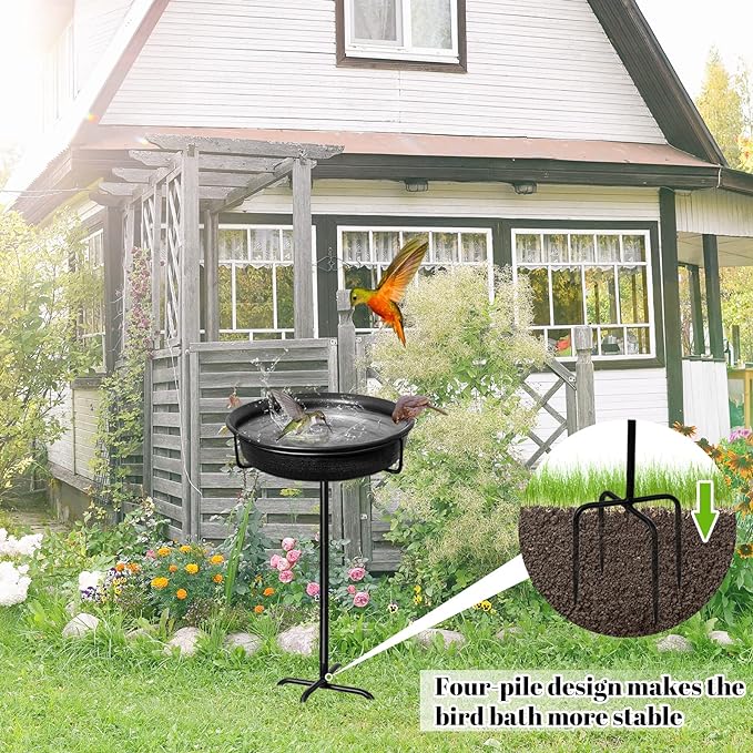 28In Freestanding Birdbaths Bowl Outdoor, Free Standing Garden Bird Bath Bird Feeder Bowl with Metal Stake, Detachable Decoration Spa Birdfeeder for Garden Patio Yard Lawn, 4 Spiky Feet (Free)
