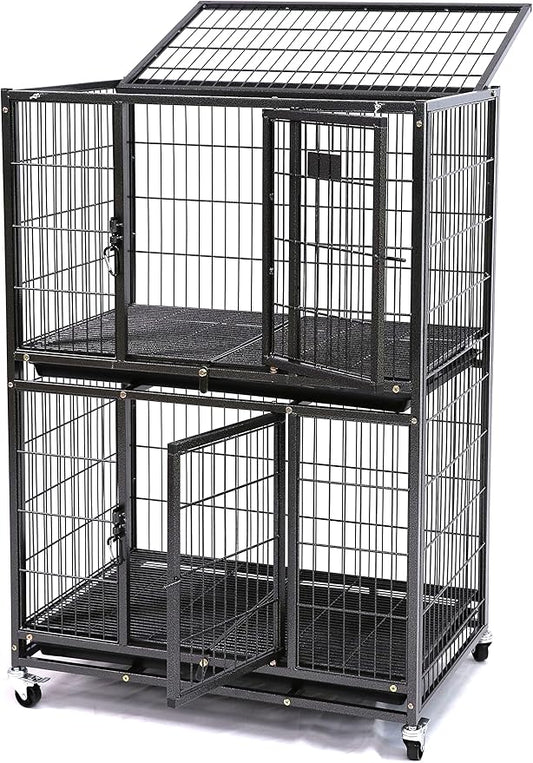 Homey Pet 31 Inch Stackable Heavy Duty Dog Crate Cage Kennel with Four Lockable Wheels, Removable Tray, Escape Proof Wire Drop Dog Crates for Small Dogs (Two Tiers)