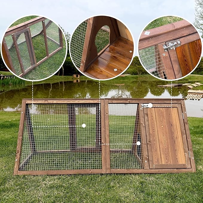 Outdoor Chicken Coop Wooden A-Frame Small Animal Coop Rabbit House Quail Cages with Outdoor Runs & Ventilated Wire Fence Suitable for Garden Backyard Farms 47 x 18 x 19.5 in (Brown)