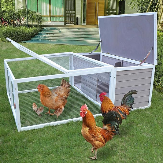 Chicken Coop with Run, 60” Rabbit Hutch Outdoor, Large Tortoise Habitat Pet Cage Wood Small Animal Poultry Cage Run with Waterproof Asphalt & Openable Roof and Side Door