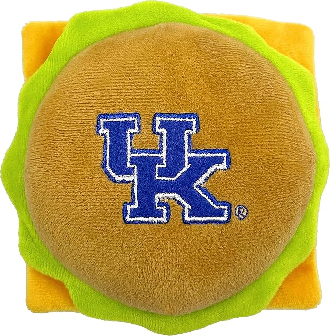 NCAA Kentucky Wildcats Cheeseburger Plush Dog & CAT Squeak Toy- Cutest Stadium Hamburger Snack Plush Toy for Dogs & Cats with Inner Squeaker & Beautiful Football/Basketball Team Name/Logo