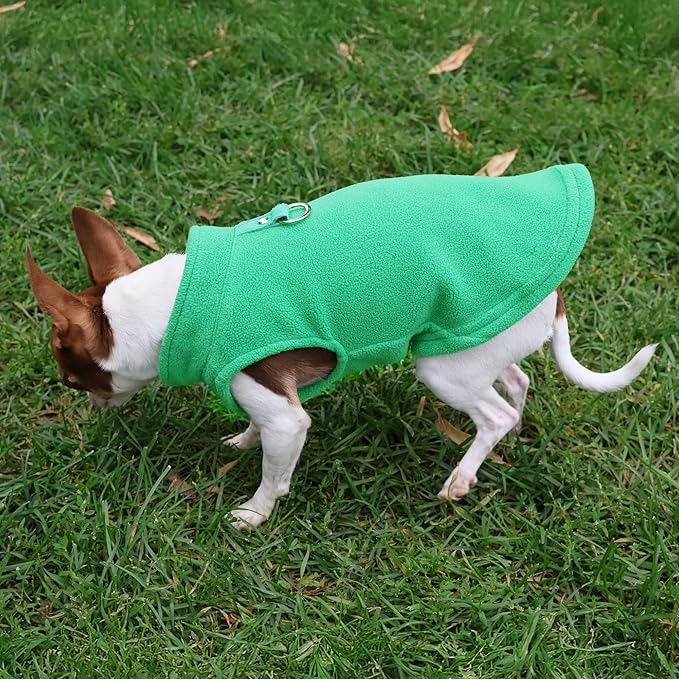 JACKO & CO - Fleece Vest Sweater with Leash Ring - Soft Lightweight Breathable for Puppies Small Medium Dogs, Kitten, Cats, Chihuahua - Warm for Fall/Autumn/Winter (Green, Large 10-16lbs)
