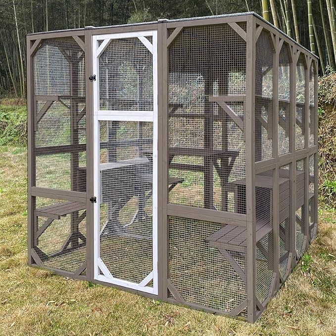 71" Catio Outdoor Cat Enclosure Large Weatherproof Cat House Kitty Cage for Indoor Cats with Multi-Level Platforms, Waterproof Roof, Two-Piece Front-Back Combination