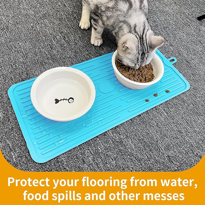 Ptlom Pet Placemat for Dog and Cat, Anti-Slip Waterproof Dogs Feeding Mat Prevent Food and Water Overflow, Bowl Mats Suitable for Medium and Small Pets, Blue, Silicone