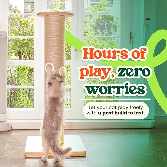 50" Tall Cat Scratching Post, Extra-Large Cat Scratch Post for Biggest Cats (Maine Coon), 7.3” Thick Post, 36lbs Weight, Solid Wood Base & Natural Sisal Rope