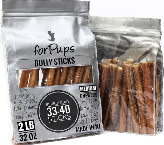 Regular 2 POUNDS of (8”) Bully Sticks for Medium & Small Dogs, for Sensitive & Medium Chewers (32 oz) Natural & Fully Organic, 100% Beef Pizzle, Fully Digestible Dental Treats (8 inch, 2 lb)