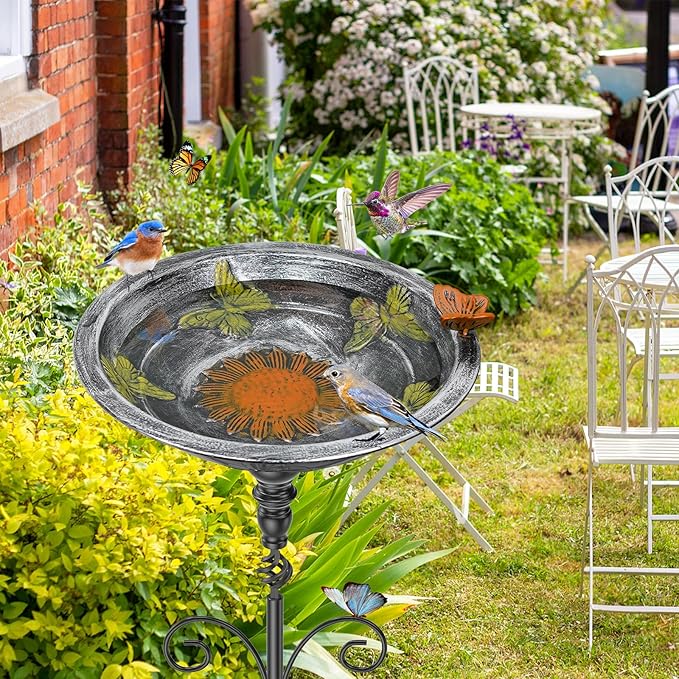 35.4" Tall Bird Bath for Outside, Vintage Metal Birdbaths Bowl with 5 Prong Bases for Outdoors, Freestanding Birdfeeder with Hummingbird Carving for Garden Yard Lawn Decor (Vintage Silver)