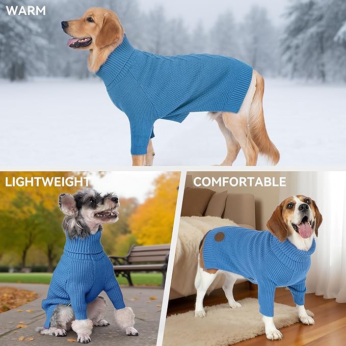 cyeollo Dog Sweaters for Small Dogs Boy, Pullover Turtleneck for Dogs Male, Knitted Doggy Fall Winter Warm Cold Weather Dog Clothes Apparel with Sleeves, Blue L