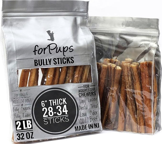 Thick 6" Bully Sticks (2 POUNDS) for Large & Medium Dogs, for Aggressive Chewers, Natural & Fully Organic, 100% Beef Pizzle Dog Chew, Fully Digestible Dental Treats (6 inch, 2 lb / 32 oz)