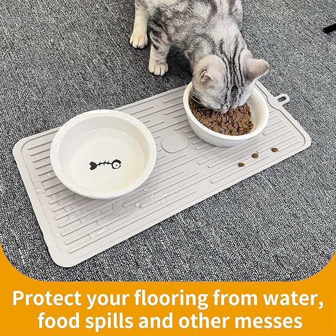 Ptlom Pet Placemat for Dog and Cat, Anti-Slip Waterproof Dogs Feeding Mat Prevent Food and Water Overflow, Bowl Mats Suitable for Medium and Small Pets, Cream, Silicone