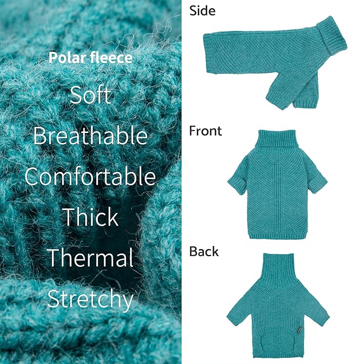Fitwarm Medium Turtleneck Dog Knitted Sweater, Teal Blue Thermal Winter Dog Clothes for Small Dogs - Pullover Jumper Pet Outfit