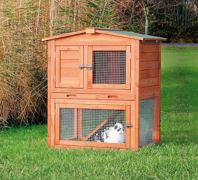 TRIXIE natura Outdoor Rabbit Hutch with Run - Small 2-Story Rabbit Cage with Non-Slip Ramp - Elevated Small Animal House with Secure Playpen, Hinged Roof & Pull-Out Tray - in Natural