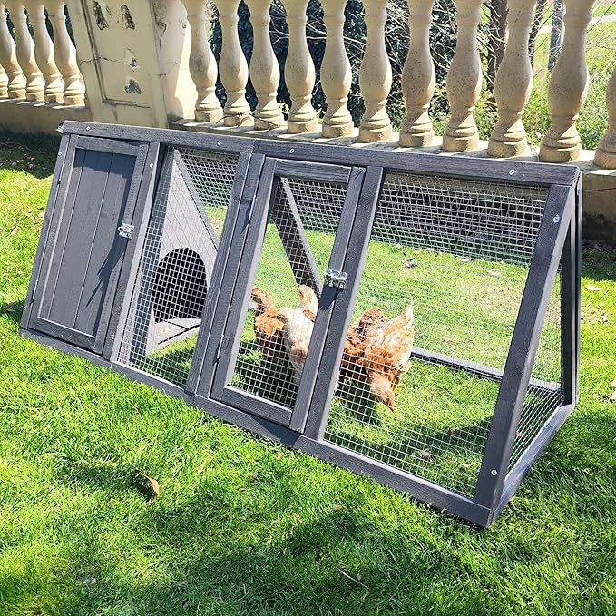 Rabbit Hutch Outdoor Chicken Coop Wooden A-Frame Small Animal Cage Quail Cage w/Chicken Run & Ventilated Wire Fence Suitable for Garden Backyard Farms 47 x 18 x 19.5 in (Grey)