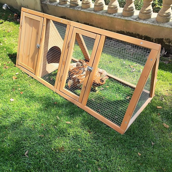 Rabbit Hutch Outdoor Chicken Coop Run A-Frame Bunny Cage Wooden Quail Cage w/ 2 Door & Ventilated Wire Fence Small Animal Cage for Garden Backyard Farms 47 x 18 x 19.5 in